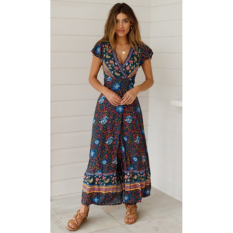 Women's Maxi long Dress Casual Dress Swing Dress Boho Dress Boho Vacation Daily Holiday Regular Fit Floral Short Sleeve V Neck Red Navy Blue Summer Spring4