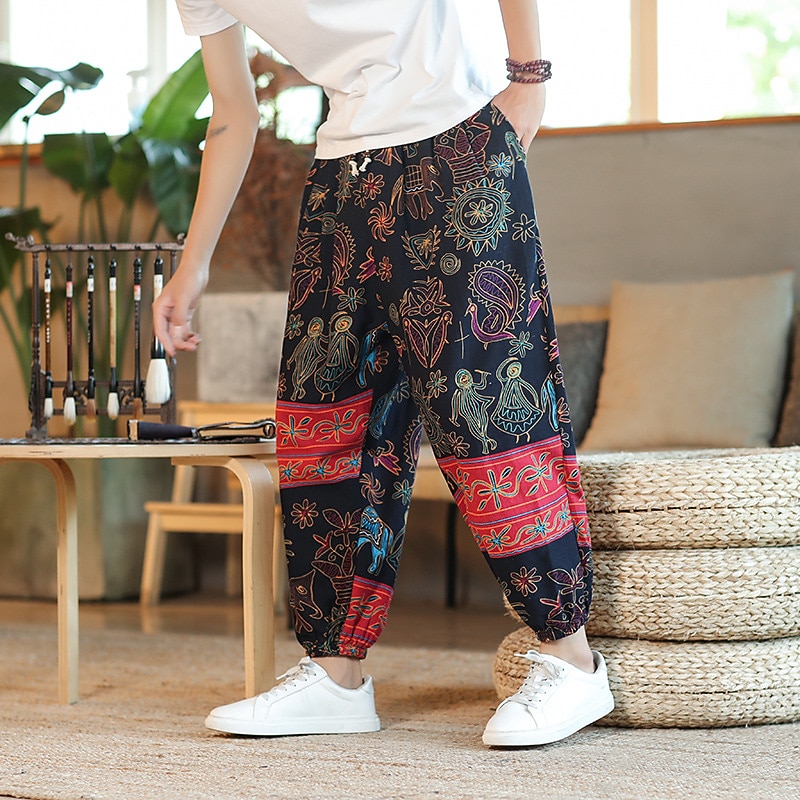 Men's Harem Loose Trousers Summer Pants Baggy Pants Drawstring Classic Baggy Graphic Animal Graphic Prints Outdoor Ankle-Length Home Daily Stylish Classic Style Loose Fit Black Yellow Micro-elastic2