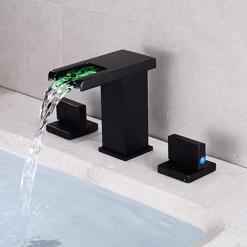 Widespread Bathroom Faucet Waterfall Sink Mixer Basin Taps LED 3 Color with Temperature, Brass 3 Hole 2 Handle Deck Mounted, Washroom  Vessel Water Tap with Hot and Cold Hose2