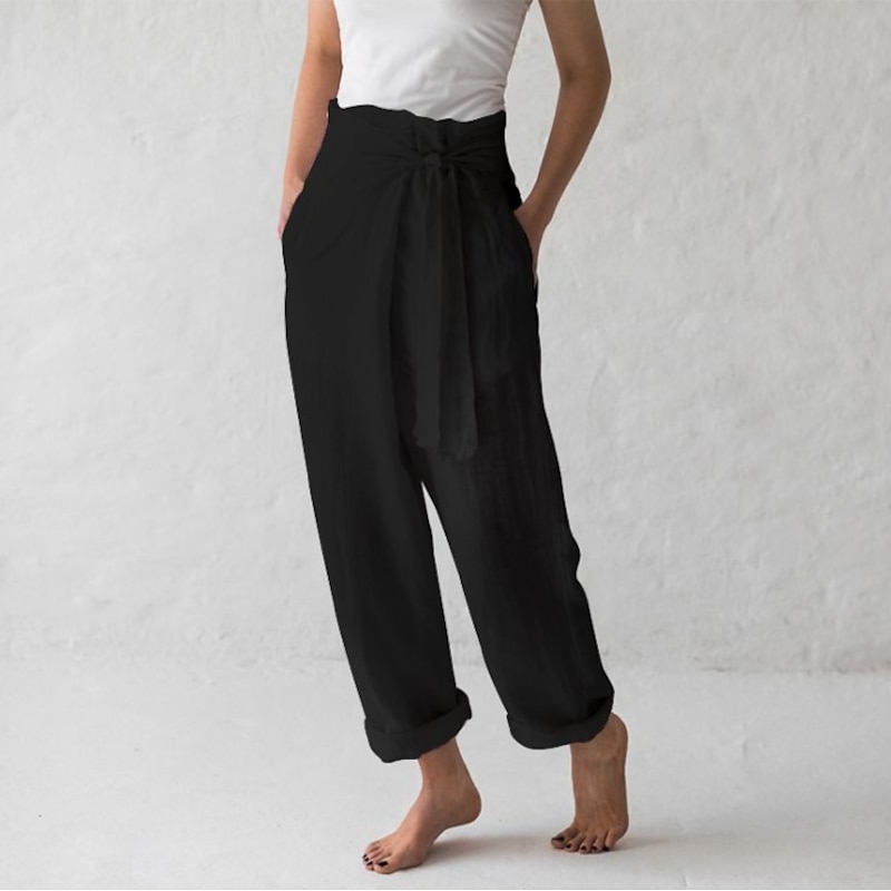 Women's Normal Wide Leg Cotton Linen Pants Slacks Yoga Chino Full Length High Waist Plain Baggy Lightweight Soft Black Dark Blue Beige Coffee Loose Fit2