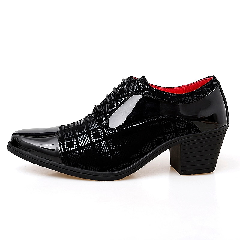 Men's Red and Black Patent Leather Block Heel Oxford Shoes with Geometric Print – Formal Party and Dance Footwear3