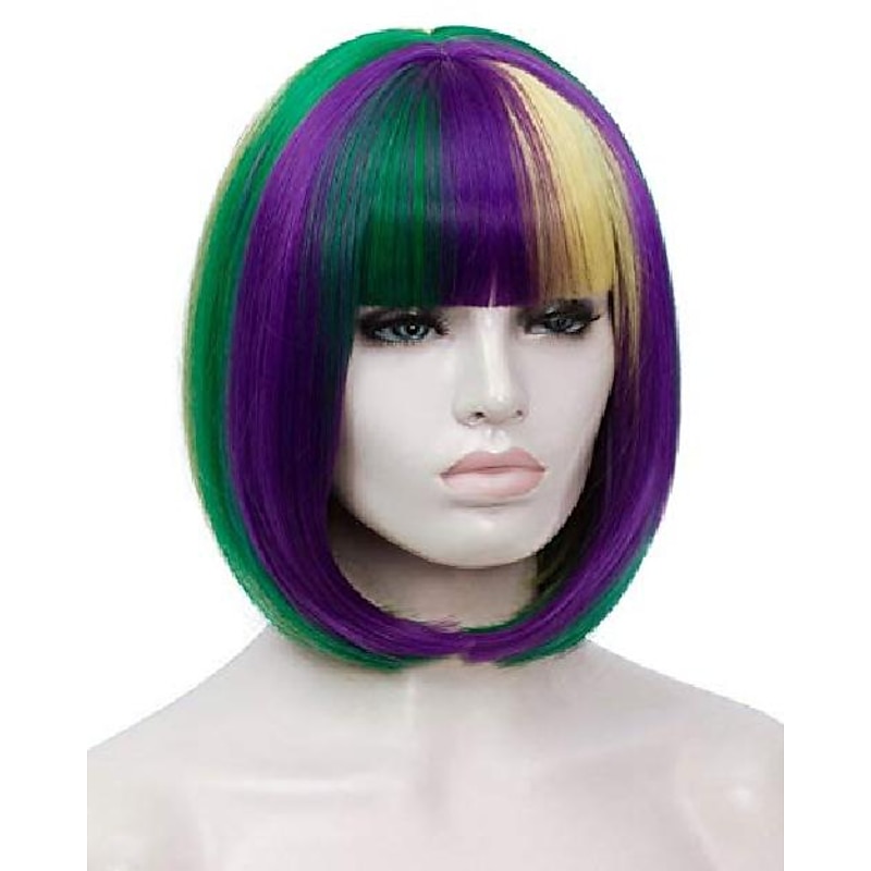 Short Purple Green Yellow Wigs for Women, 12'' Colorful Bob Hair Wig with Bangssynthetic Full Wig, Cute Colored Wigs for Mardi Gras Party Cosplay Carnival Bu027M2