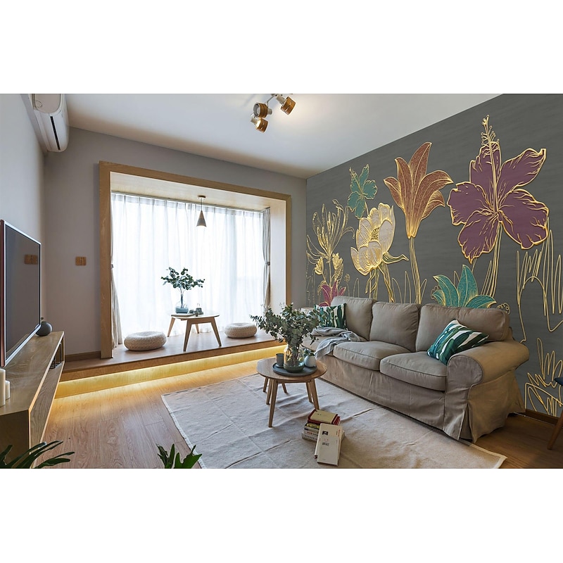 Mural Wallpaper Wall Sticker Covering Print Peel and Stick Removable Gold Floral Flower Canvas Home Décor4