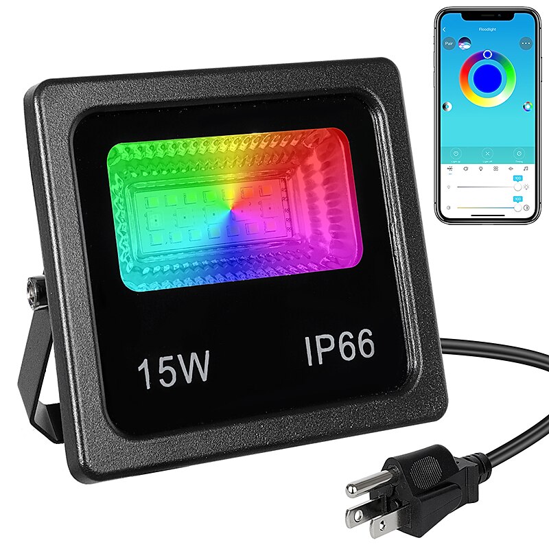 RGBW APP LED Floodlight 15W Bluetooth Outdoor Smart Flood Light 2pcs 1pcs 110V 220V IP66 Waterproof Color Changing Spotlight APP Group Control