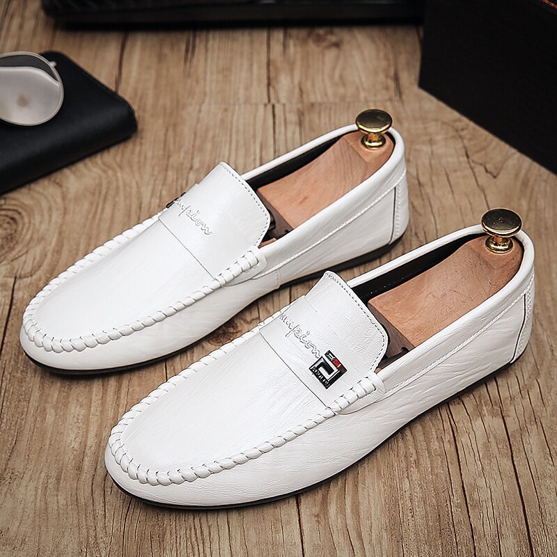 Men's White Faux Leather Driving Shoes Loafers with Elegant Stitching for Casual, Office, and Driving2