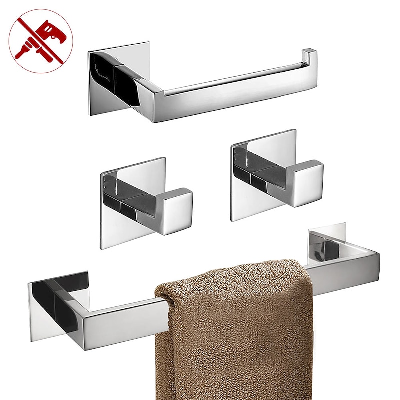 Bathroom Hardware Accessory Set,Self-Adhesive  Wall Mounted Robe Hook,Chrome Stainless Steel Towel Bar, Towel Holder, Toilet Paper Holder