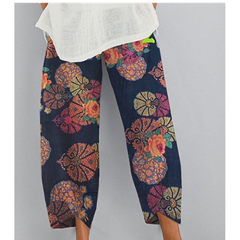 Women's Normal Chinos Slacks Pants Trousers Hawaiian Ethnic Style Ankle-Length Mid Waist Graphic Prints Flower / Floral Elastic Waist Sporty Baggy Comfort Micro-elastic Casual Daily Yellow Red Navy2
