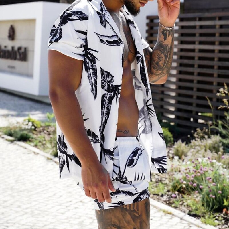 Men's Leaves Tropical Plants 2pcs Shirts Sets Summer Hawaiian Shirt Short Sleeve Short Pants Turndown Fashion Hawaiian Designer Vacation Casual Daily Button-Down Spring & Summer White Yellow Pink2