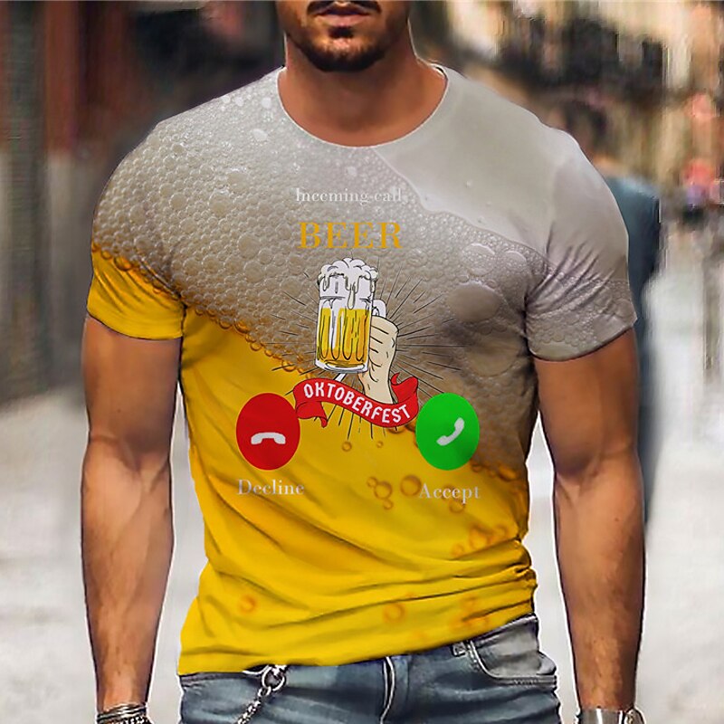 Men's Graphic Prints Beer Shirt T Shirt Tee Short Sleeve T shirt 3D Print Crew Neck Shirt Designer Casual Big and Tall Daily Holiday Yellow Summer Clothing Apparel S M L XL XXL 3XL