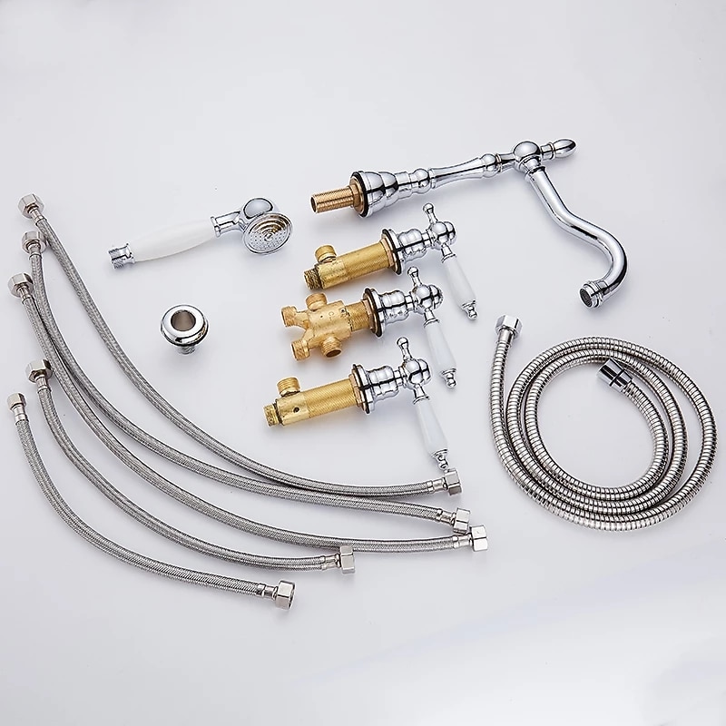 Bathtub Faucet - Contemporary Chrome Roman Tub Ceramic Valve Bath Shower Mixer Taps / Three Handles Two Holes4