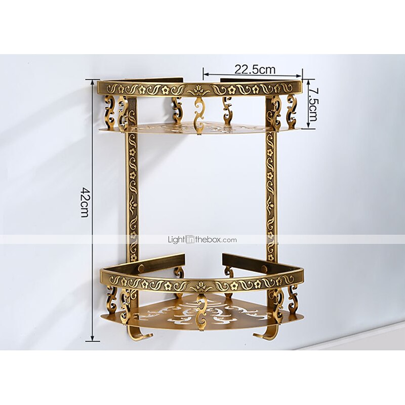 Bathroom Shelf Multilayer Carved Antique Aluminum Wall Mounted Bath Corner Basket with Hooks 1pc3