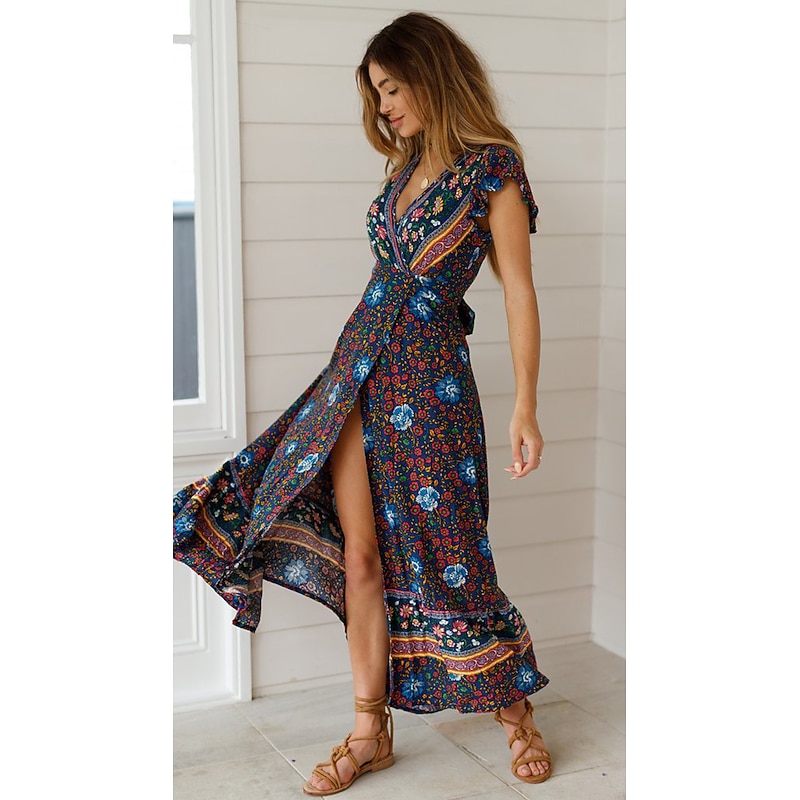 Women's Maxi long Dress Casual Dress Swing Dress Boho Dress Boho Vacation Daily Holiday Regular Fit Floral Short Sleeve V Neck Red Navy Blue Summer Spring2
