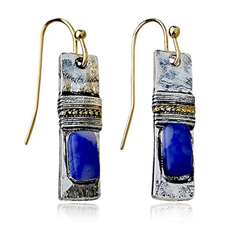 d.rosse unique handmade bohemian enamel vintage matt silver bar dangle earrings chic round blue gemstone geometric square drop earrings for women statement jewelry (silver)