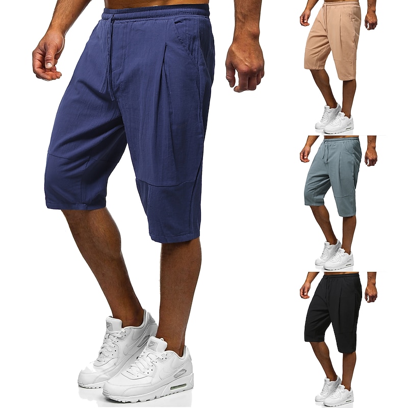 Men's Shorts Linen Shorts Summer Shorts Capri Pants Drawstring Elastic Waist Classic Solid Colored Outdoor Knee Length Daily Going out Stylish Classic Style Slim Gray Green Black Micro-elastic
