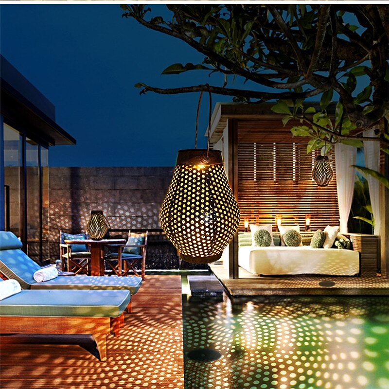 Outdoor Hanging Solar Power Lantern Iron-Art Lamp Ornaments Solar Lights with Handle For Garden Yard Tree Fence Decor Warm White Lighting