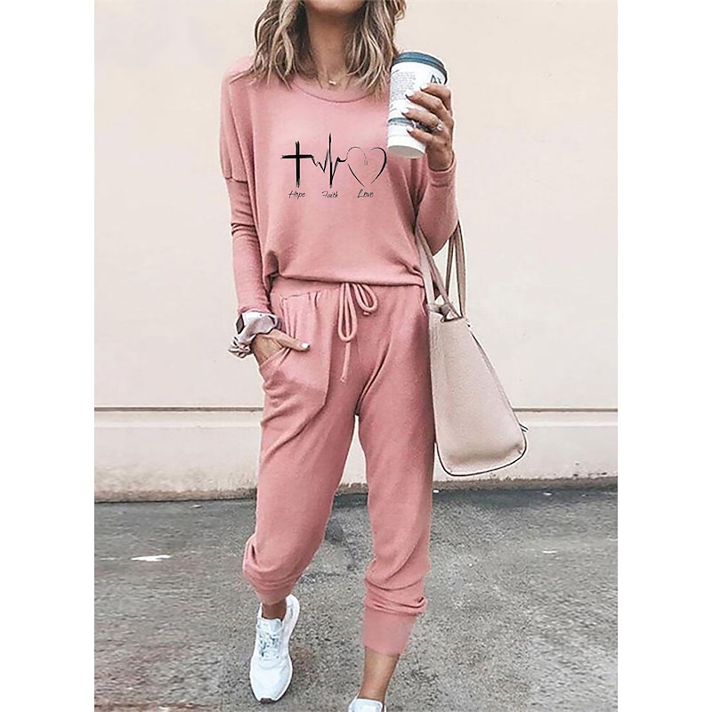 Women's 2 Pieces Sweatshirt Tracksuits Streetwear Basic T Shirt Tracksuit Pants Sets Short Sleeve Crew Neck Heart Drawstring Print Vacation Casual Daily Black Pink Gray Fall & Winter Regular Fit3