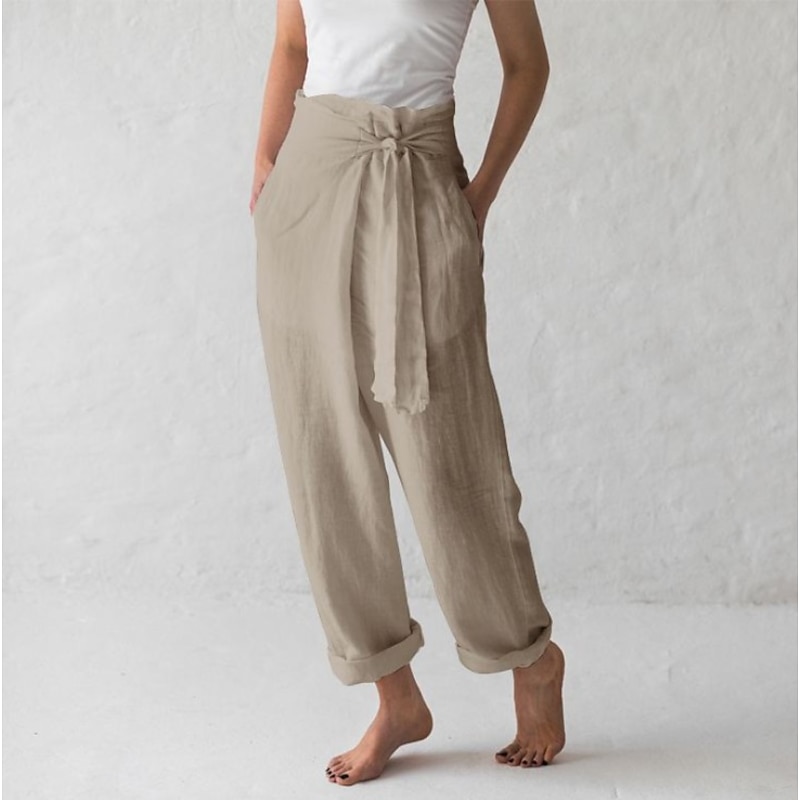 Women's Normal Wide Leg Cotton Linen Pants Slacks Yoga Chino Full Length High Waist Plain Baggy Lightweight Soft Black Dark Blue Beige Coffee Loose Fit