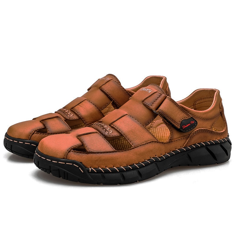 Men's Brown Comfort Leather Sandals, Adjustable Velcro, Perfect for Outdoor and Casual Wear3