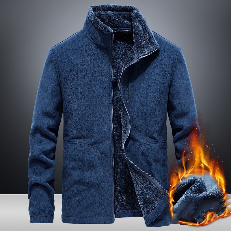 Men's Hiking Fleece Jacket Windbreaker Polar Fleece Winter Outdoor Solid Color Thermal Warm Windproof Lightweight Stand Collar Outerwear Trench Coat Top Single Slider Hunting Fishing Climbing Blue