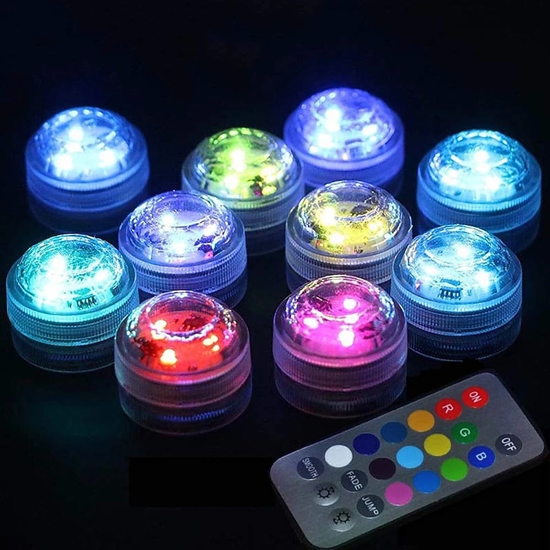 Submersible LED Lights 10pcs LED RGB Waterproof Underwater Light Remote Controller Outdoor Battery Submersible Light For Wedding Tub Pond Pool Bathtub Aquarium Party Vase Decoration