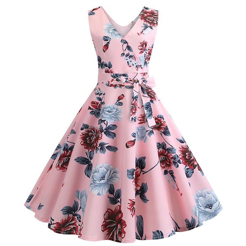 Retro Vintage Cocktail Dress Vintage Dress Knee Length Dress Flare Dress Normal Sleeveless Slim Fit Floral Print A-Line V Neck Fancy Dress Women's Carnival New Year Masquerade Date Dress Bachelorette4