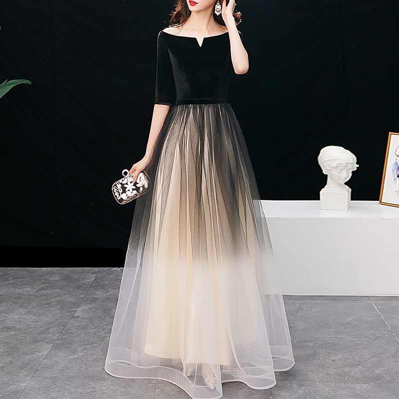 A-Line Evening Gown Elegant Dress Wedding Guest Prom Floor Length Half Sleeve Jewel Neck Tulle with Sleek4