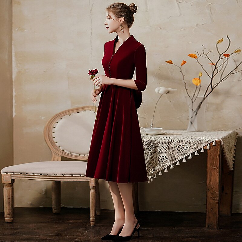 A-Line Cocktail Dresses Vintage Dress Wedding Guest Party Wear Tea Length Half Sleeve V Neck Fall Wedding Guest Velvet with Sleek Dresses3