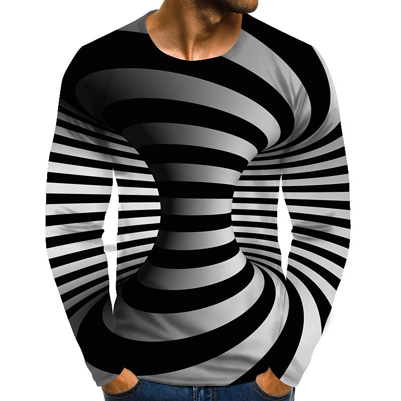 Men's Optical Illusion T Shirt Long Sleeve T shirt 3D Print Round Neck Shirt Streetwear Exaggerated Designer Daily Going out Yellow Pink Red Clothing Apparel Plus Size S M L XL XXL 3XL 4XL