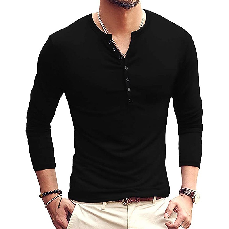 Men's Button T Shirt T Shirt Long Sleeve Shirt Long Sleeve Stand Collar Spring &  Fall Plain Lightweight Classic Casual Button-Down Vacation Casual Holiday Wine Black White Top Tee for Men