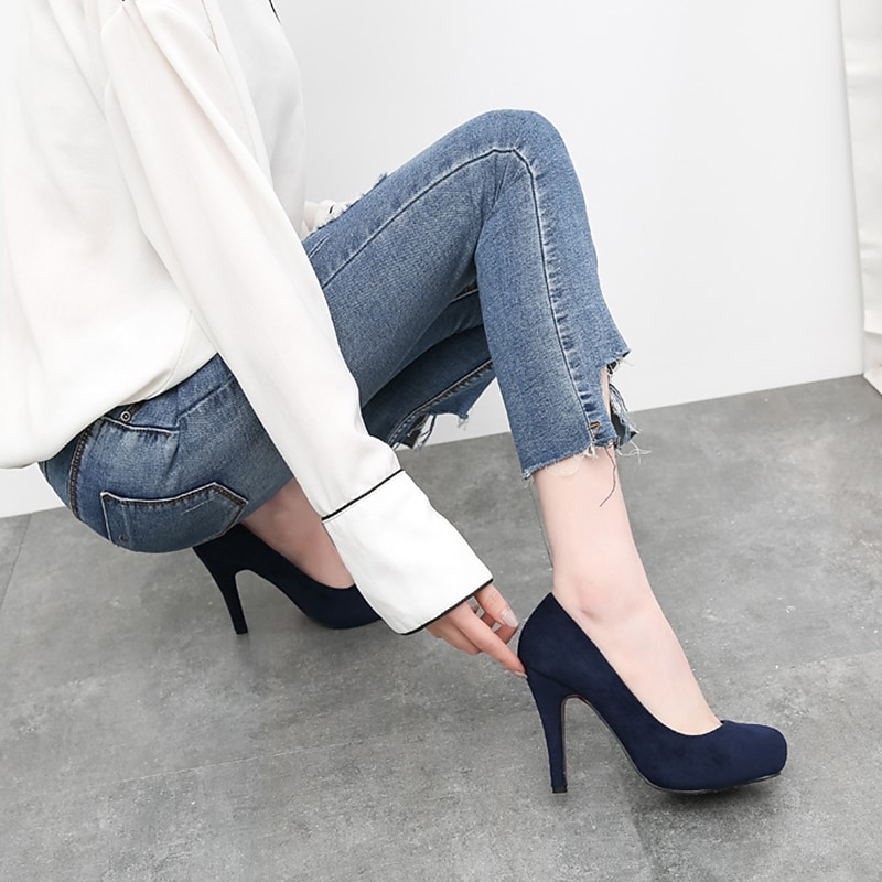 Elegant Women's Navy Blue Suede High Heel Pumps - Classic Round Toe Stiletto Heels for Evening and Office Wear3