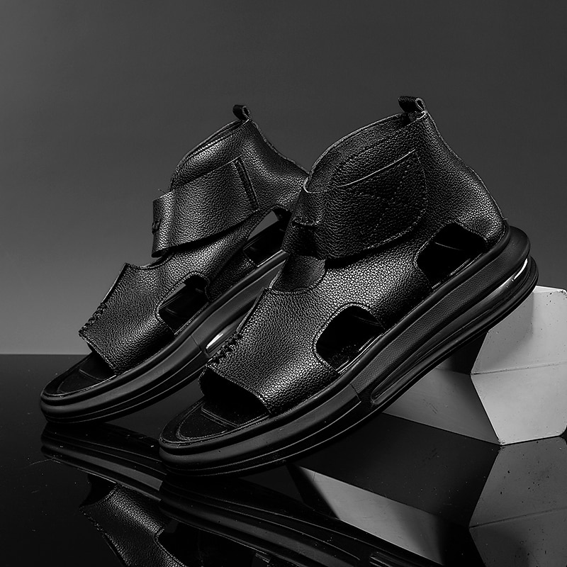 Sophisticated Black Men's Leather Sandals - Modern Cut-Out Design with Cushioned Sole, Ideal for Smart Casual and Outdoor Wear2