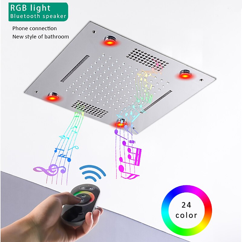 Shower Faucet,Rainfall Shower Head LED Waterfall Rain Contemporary Chrome/Painted Finishes Ceiling Mounted Bath Showerhead for Shower Room Bluetooth Remote Control Bathroom Plumbing Accessories2