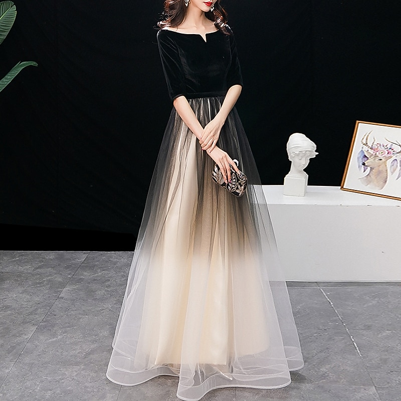 A-Line Evening Gown Elegant Dress Wedding Guest Prom Floor Length Half Sleeve Jewel Neck Tulle with Sleek