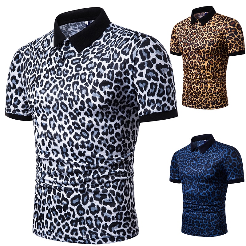 Men's Leopard Polo Shirts Golf Shirt Short Sleeve Polo Shirts Collared Shirts Casual Streetwear Vacation Wear Buttons 3D Print White Yellow Navy Blue2