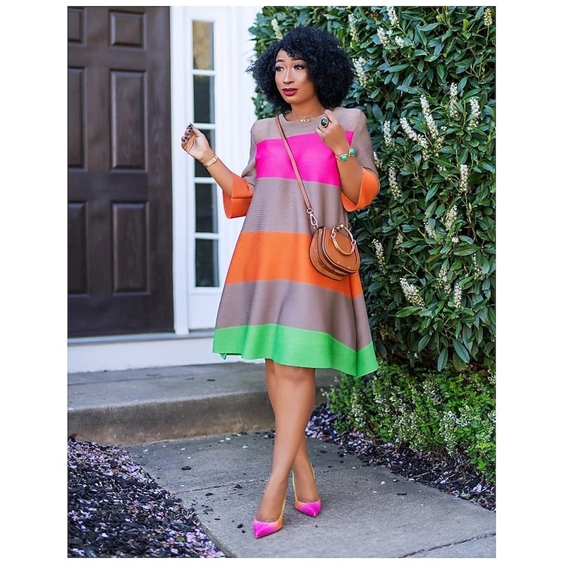 Women's Midi Dress Casual Dress Swing Dress Basic Modern Daily Going out Weekend Loose Fit Striped Color Gradient Short Sleeve Crew Neck Color stripes Summer Spring2