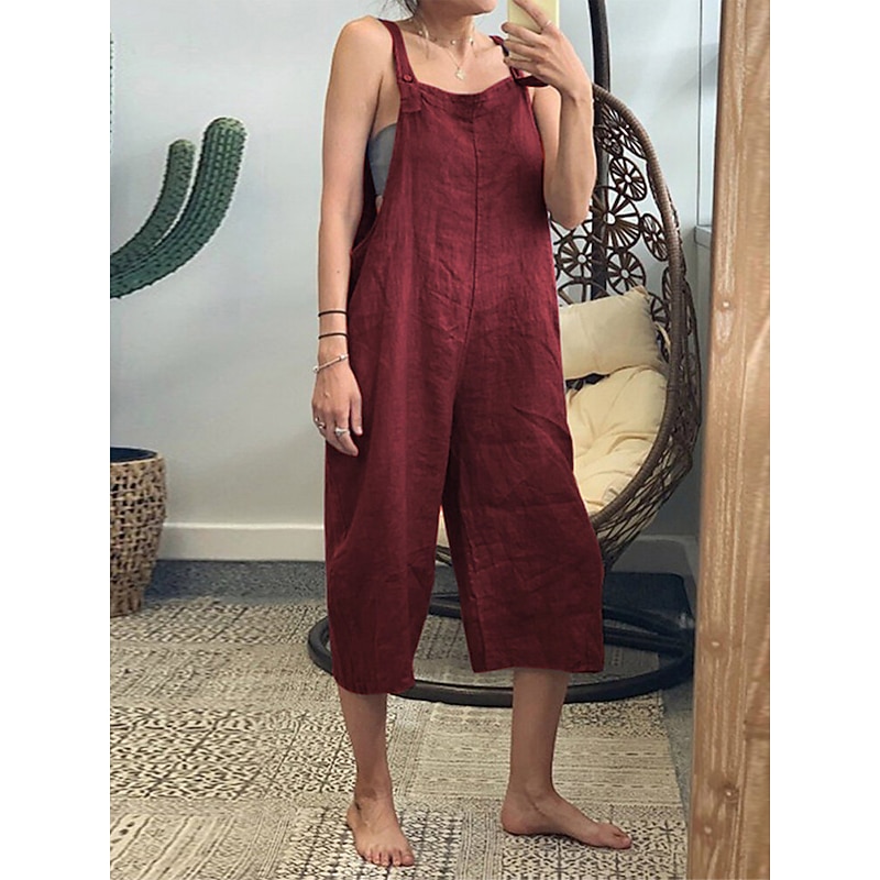 Women's Normal Cotton Linen Pants Dungarees Slacks Overalls Classic Style Calf-Length Mid Waist Plain Baggy Inelastic Going out Black Yellow Army Green Red Summer Spring &  Fall Loose Fit4