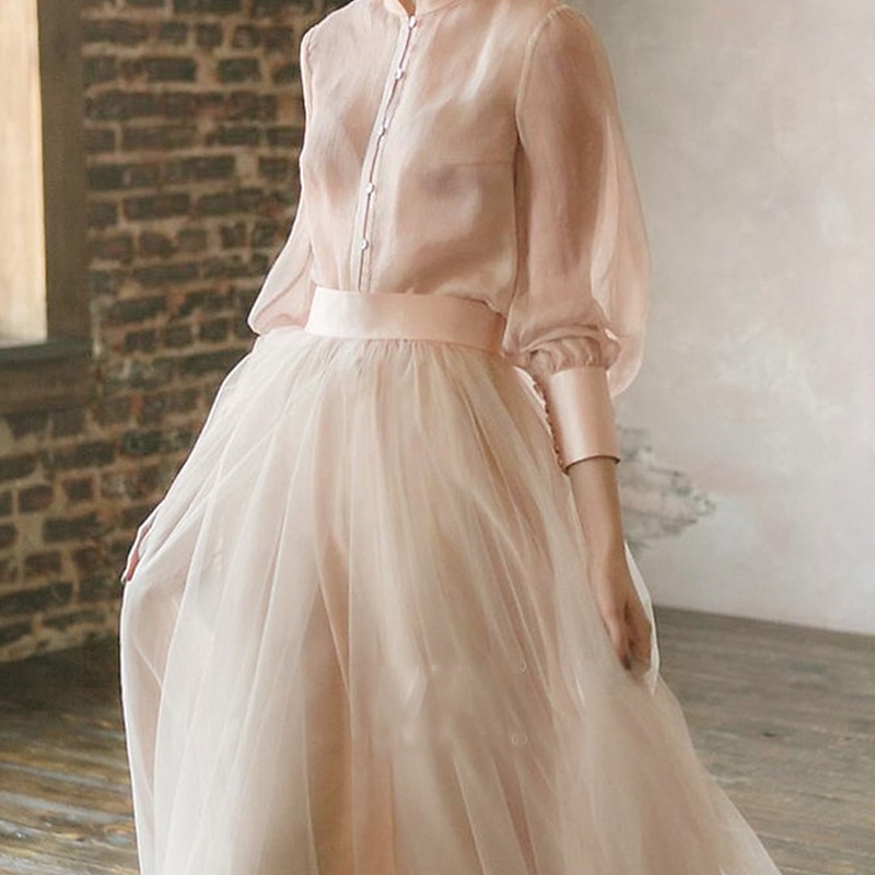 Two Piece Prom Dresses Empire Dress Wedding Guest Formal Evening Floor Length Long Sleeve Stand Collar Chiffon with Buttons Tiered2