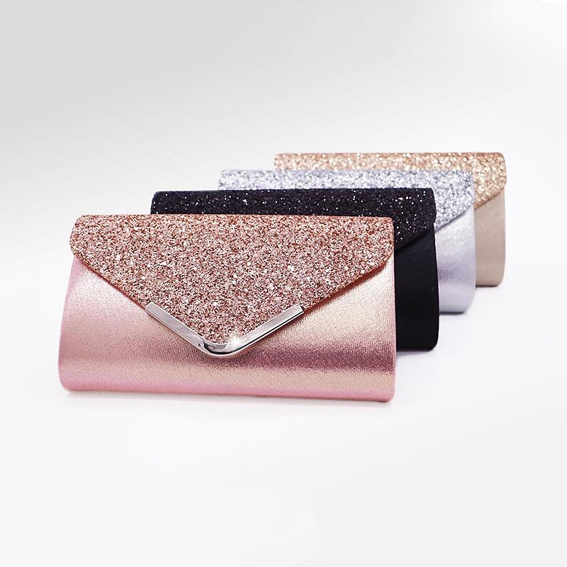 Women's Sliver Glitter Clutch Purse with Chain Strap for Parties and Weddings