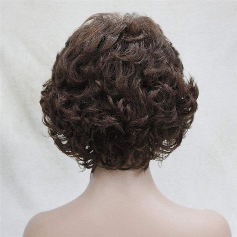 Dark Brown Short Curly Wavy Wig with Hair Bangs 100% Imported Premium Synthetic Fashion Brown Hair Wigs for Women4