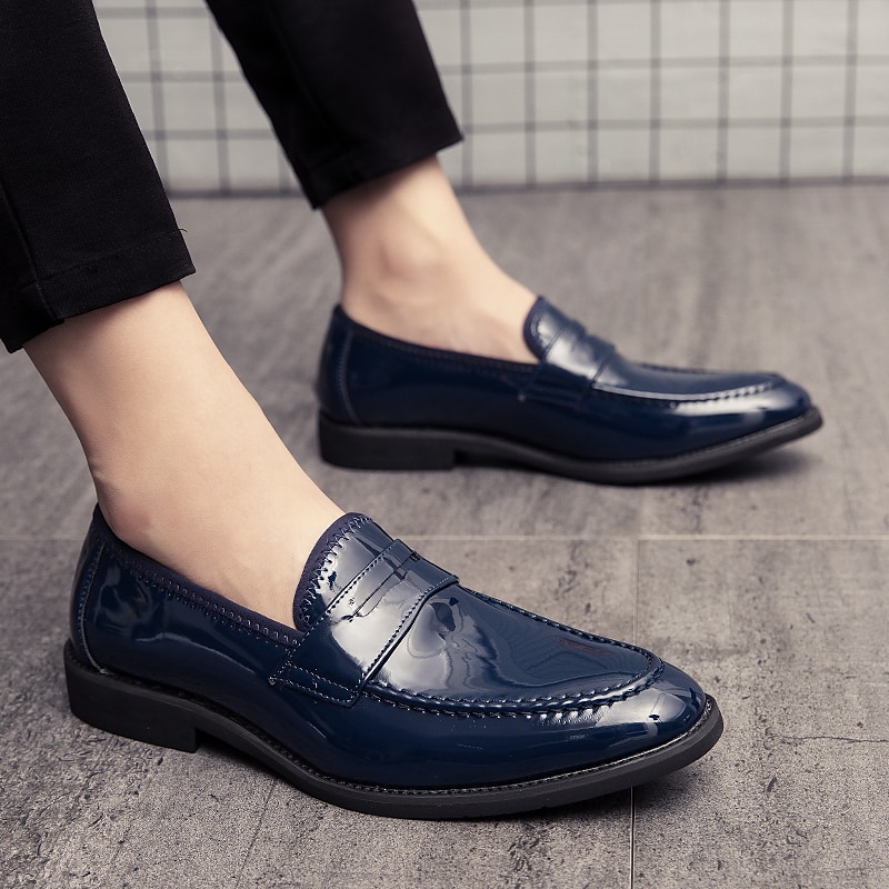 Men's Navy Blue Patent Faux Leather Loafers – Classic Slip-On Dress Shoes with High-Gloss Finish, Perfect for Formal Occasions and Business Wear2