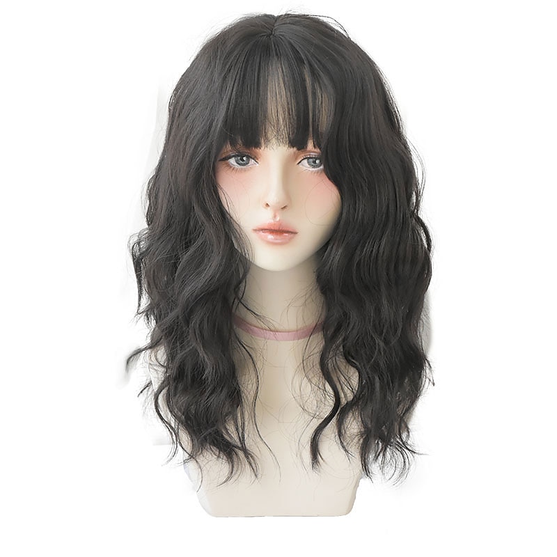 Long Curly Brown Hair Dyed Black On The Top High Temperature Silk Synthetic Wig With Bang Women Fashion Hairs4