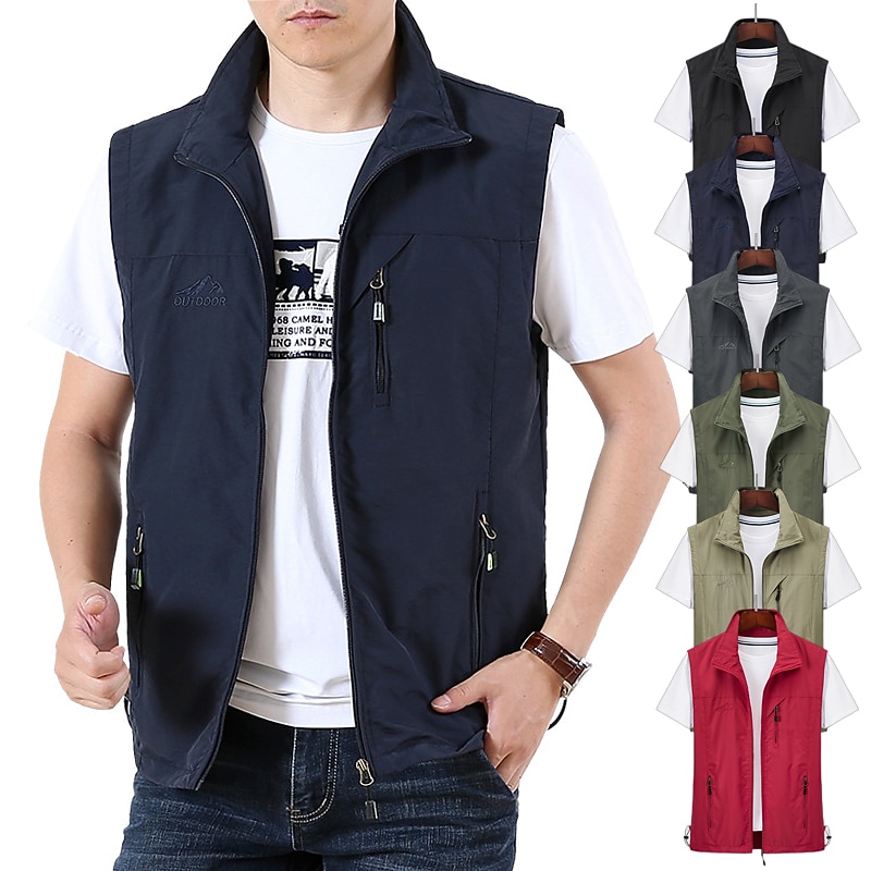 Men's Waterproof Fishing Vest Hiking Vest Sleeveless Outerwear Jacket Zip Top Outdoor Windproof Ultra Light (UL) Quick Dry Autumn / Fall Spring Back Venting Design Chinlon Solid Color Red Army Green2