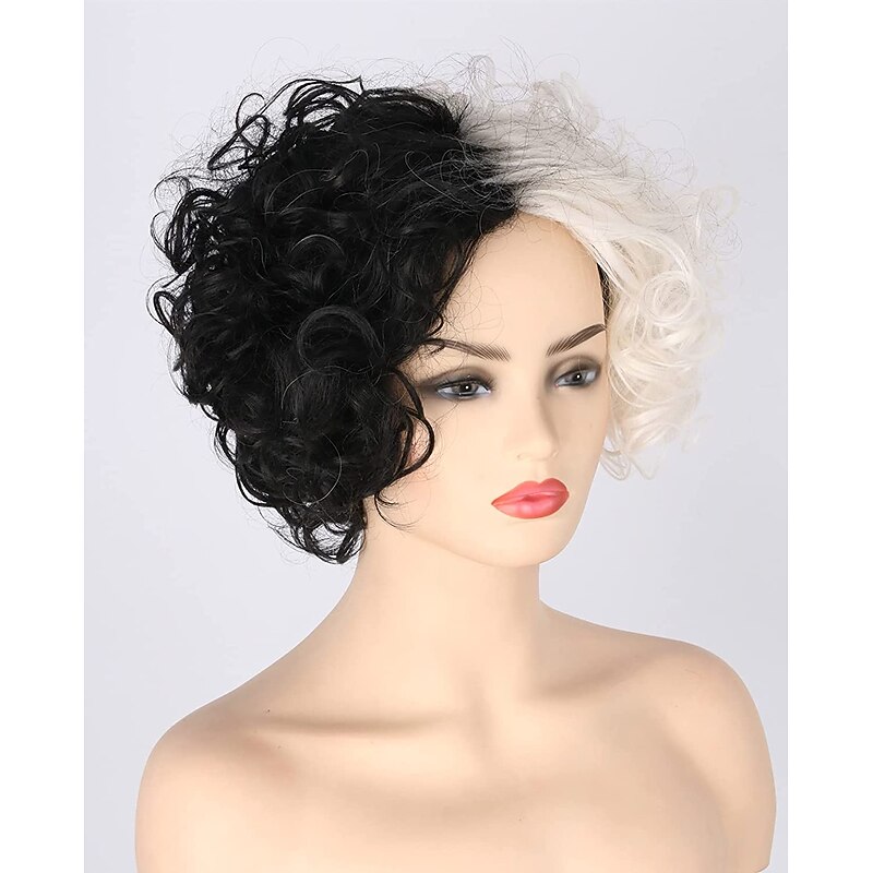 Topcosplay Cruella Devil Wig Short Curly Black and Blonde Wigs Cosplay Wig Halloween Wigs4