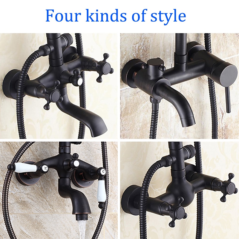 Antique Shower System Faucet Combo Set, 8" Rainfall Shower Head Kit with Handshower Wall Mounted, Brass Copper Black Electroplated Finish Vintage Style 2 Handles 3 Hole Bath Mixer Taps with Bodysprays2