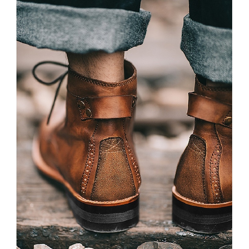 Men's Brown Faux Leather Lace-Up Ankle Boots, Vintage Style Casual Boots for Everyday Wear4