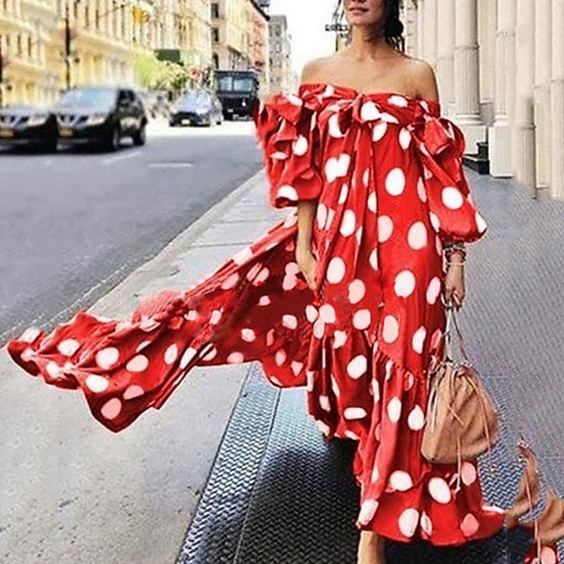 Women's Casual Dress Swing Dress Long Dress Maxi Dress Black Red Brown Sleeveless Polka Dot Print Fall Autumn Off Shoulder Loose Fit 2023 S M L XL XXL XXXL 4XL 5XL4