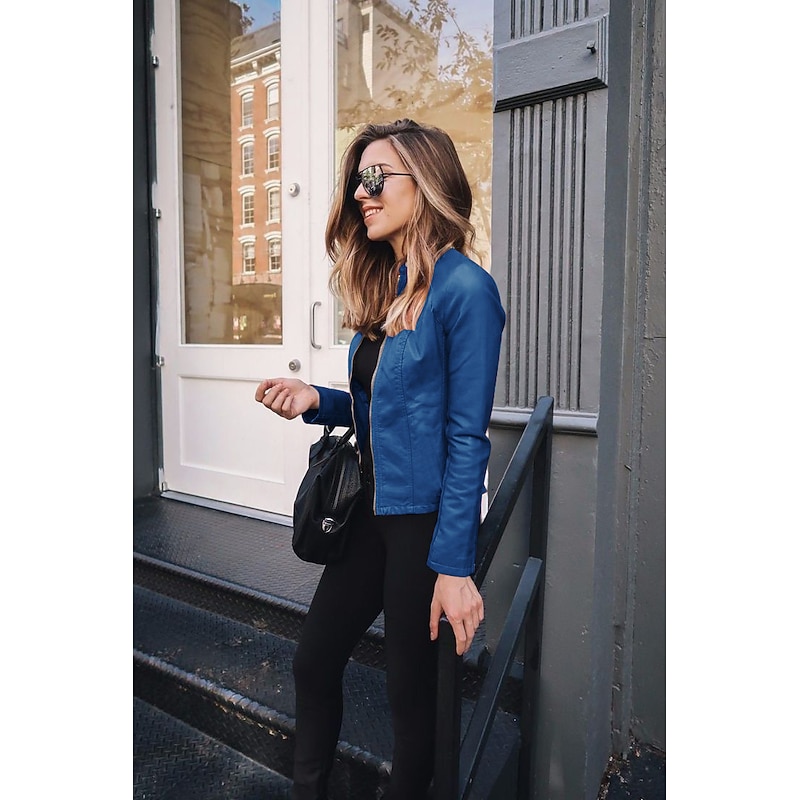 Women's Faux Leather Jacket Street Shopping Spring Fall Regular Coat Slim Windproof Chic & Modern Jacket Long Sleeve Solid Color Faux Fur Trim Denim Blue Black Blue