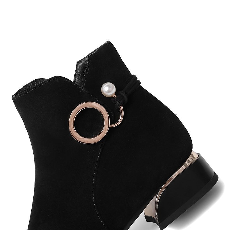 Women's Chic Ankle Boots with Gold Ring and Pearl Detail – Suede Block Heel Boots for Casual and Dressy Occasions2