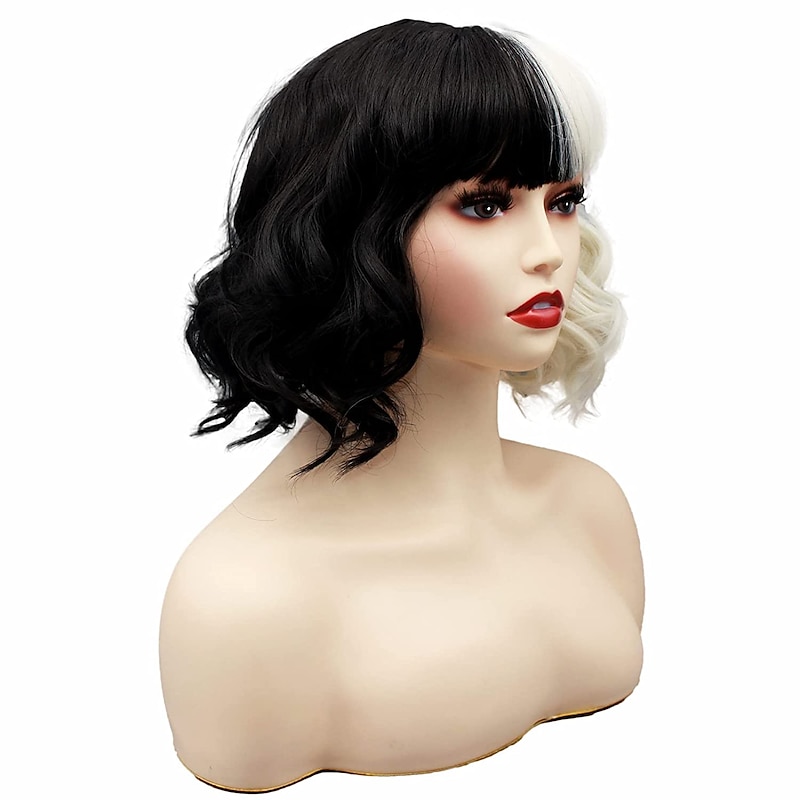 Cruella De Vil Wig for Women  Cosplay  Wig with Bangs Curly Short Black and White Wigs Kids Cruella Deville Wig Adult (New Black and White-1) Halloween Wigs4