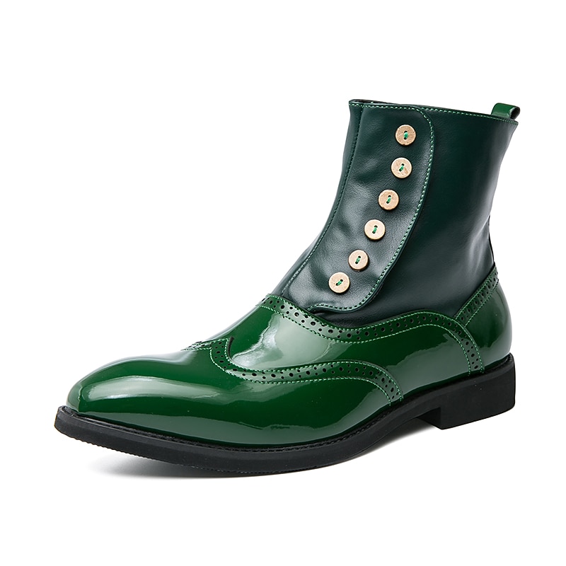 Men's Vintage Green Leather Button Boots - Stylish Wingtip Brogue Ankle Boots with Patent Leather Finish2